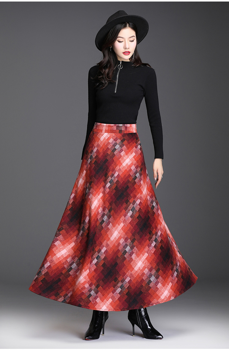 ahm1959毛呢格子半身裙女2019秋冬新款