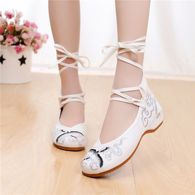 m120 中国风汉服布鞋仙鹤绣花鞋牛筋底绑腿坡跟古装鞋女