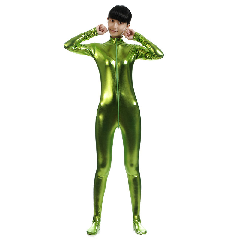 纯色女士涂胶紧身衣前开拉链无头小高领舞台表演服zentai演出服