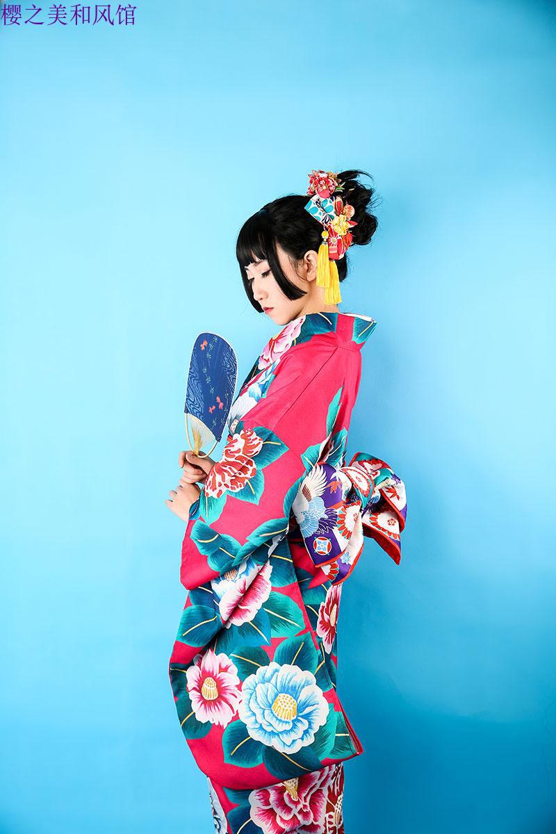 日本和服玫红山茶花中振袖传统版160厘米衣长和服