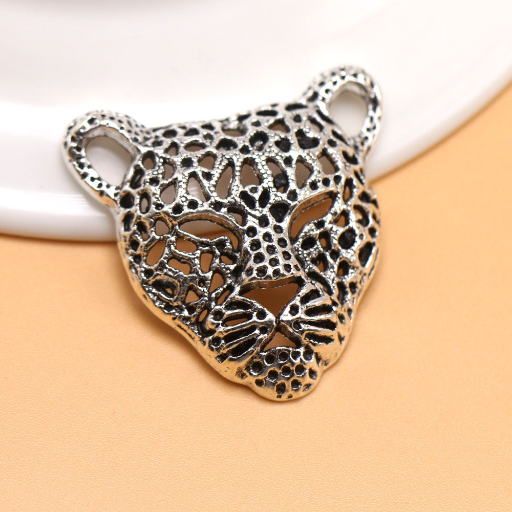 diy饰品配件 复古合金银色镂空豹子头项链挂件项链吊坠服饰配件