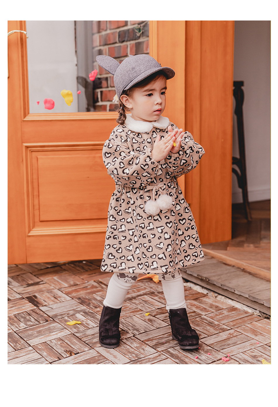 贝贝祖韩国童装冬款女童爱心豹纹毛领连衣裙厚加绒保暖中长款童裙
