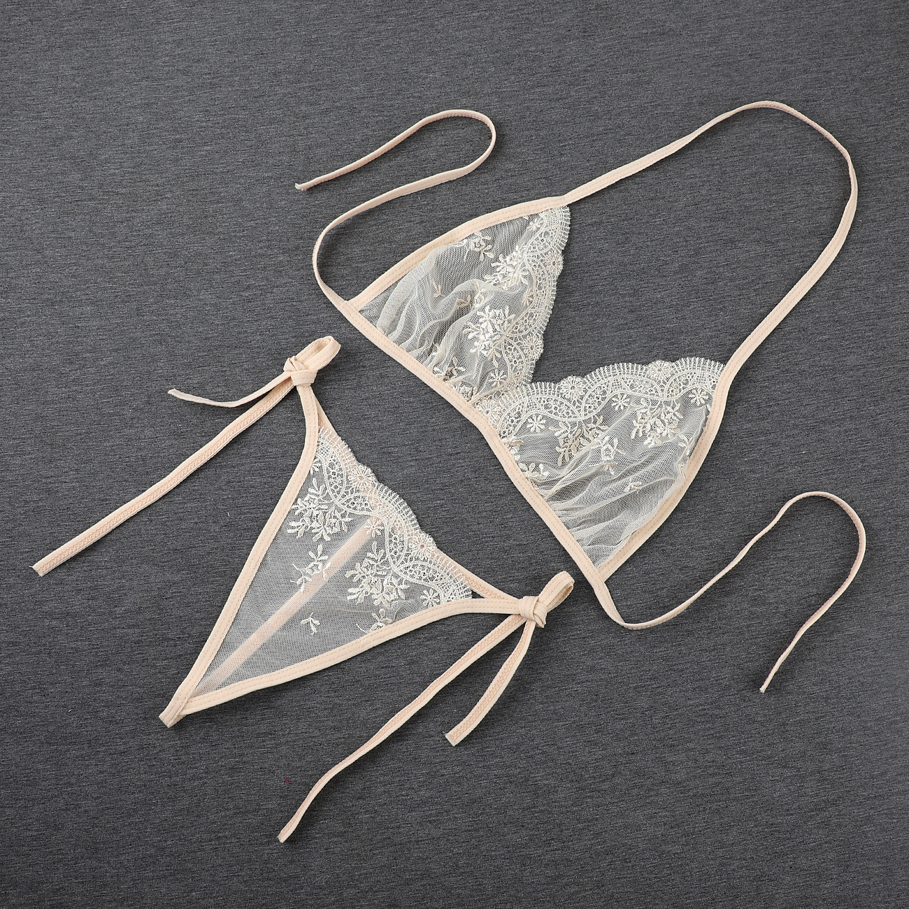 跨境新品 厂家刺绣花朵情趣三点式套装 透明网布绑带内衣内裤