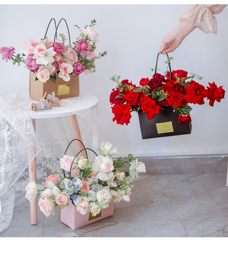 鲜花手提袋插花盒花束包花袋厂家批发纸质手提花篮圣诞节手提花盒