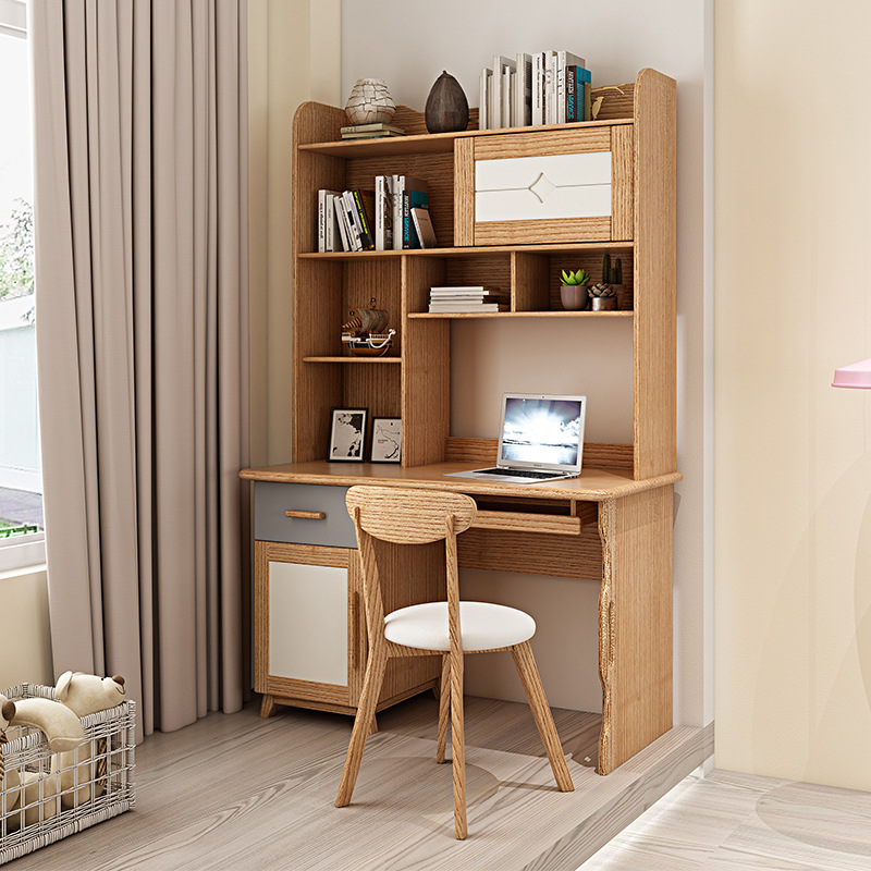 白蜡木儿童书桌北欧实木电脑桌储物直角书桌书架组合学生写字桌