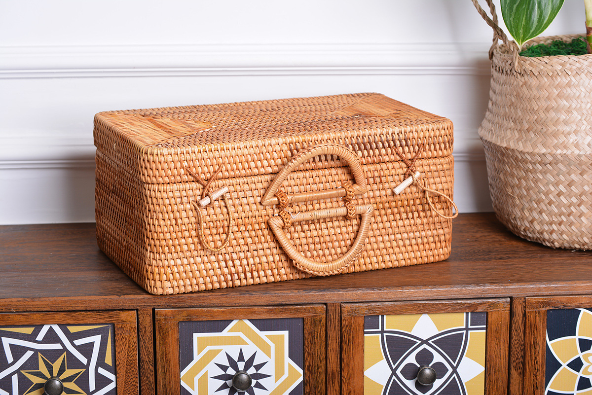 越南纯手工秋藤编织收纳四方形箱子 超级大容量旅行有内衬箱子