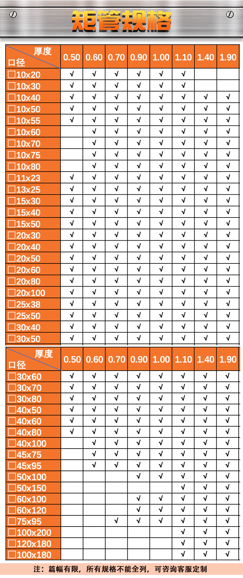 不锈钢方矩管规格表图片