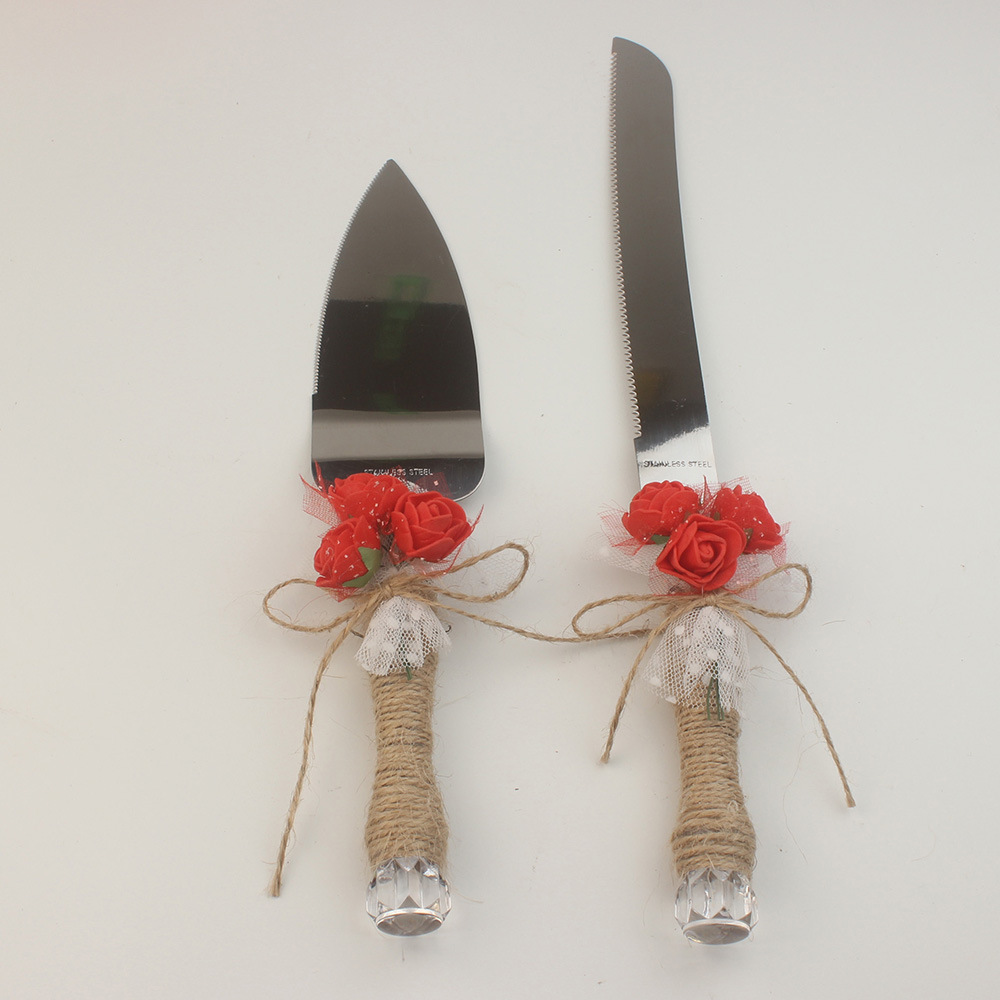 新款 天然手工麻绳 婚礼蛋糕刀铲 玫瑰花朵 蛋糕刀 烘焙用具 2色