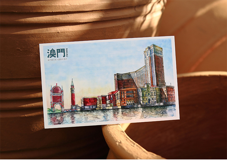 手绘明信片 澳门 旅游纪念原创风景大三巴牌坊10张入