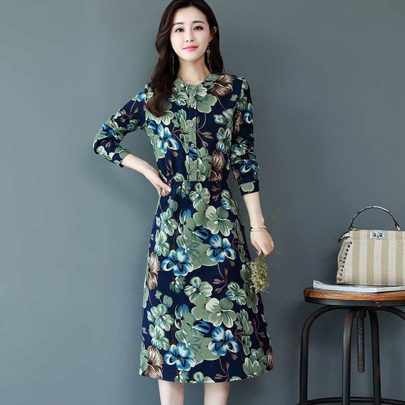 长袖棉麻连衣裙2018新款中长款修身休闲秋装女装妈妈换季棉布裙子