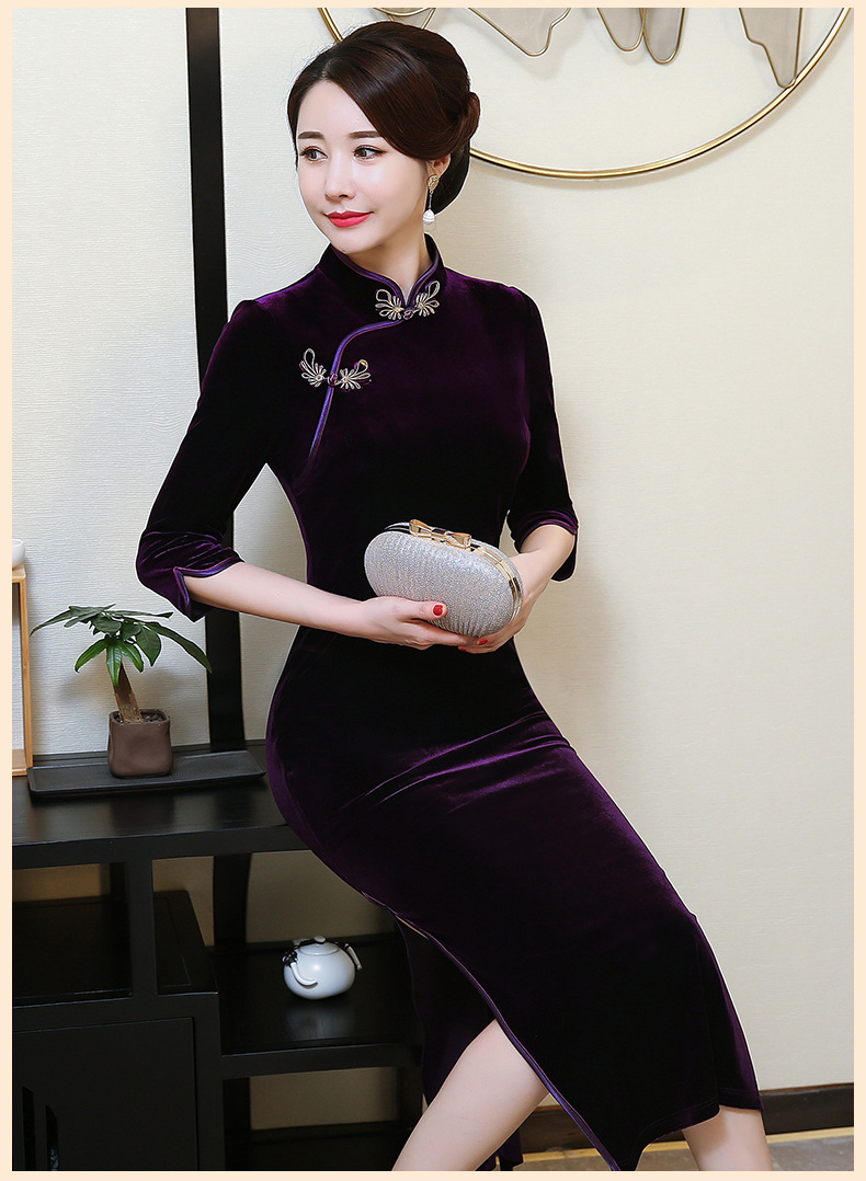 新款及踝长款纯色喜庆宴会金丝绒旗袍(货号 mly60587)
