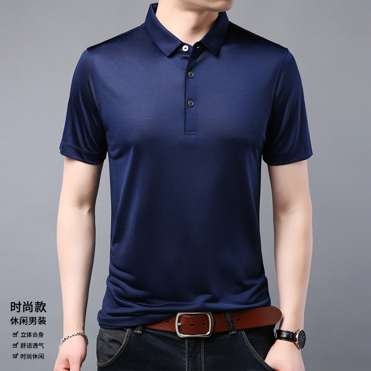 新款夏季桑蚕丝男士短袖t恤男纯色翻领polo衫中年男大码真丝t恤衫