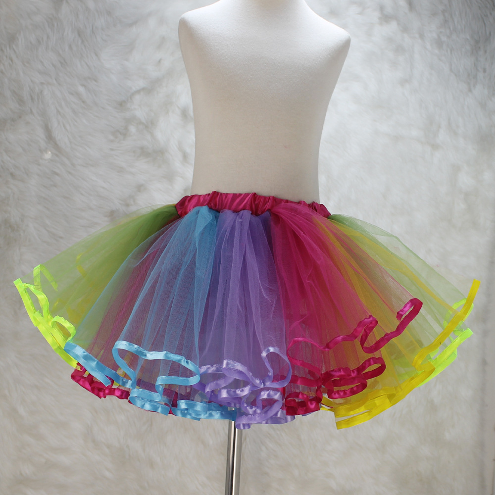 Cross-Border New Arrival Children's Small Ribbon Colorful Skirt Holiday Dress Short Skirt Polyester Tutu Skirt Rainbow Skirt