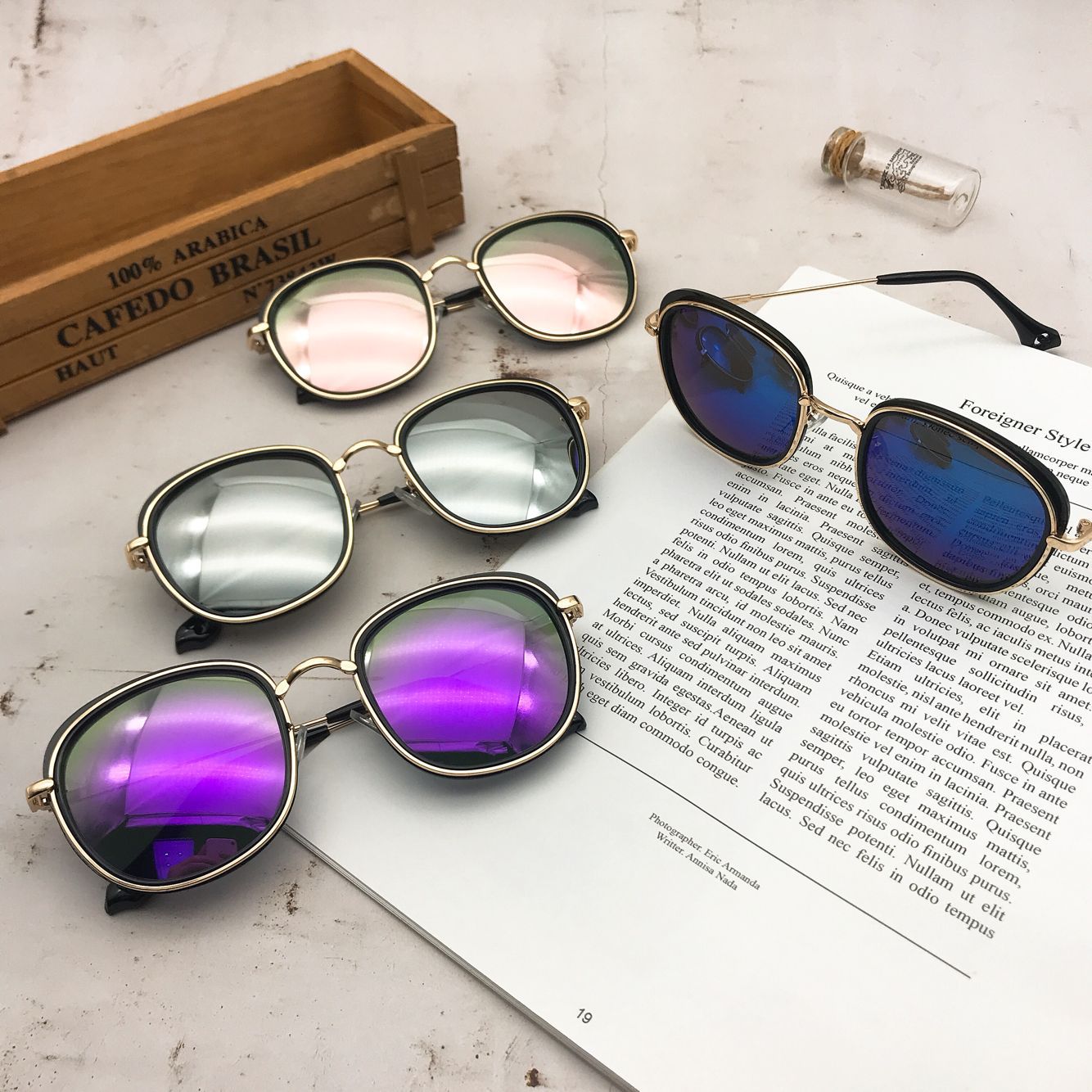 Internet Hot Korean Style Vintage Resin Clip Sunglasses Women's round Face Trendy Large Rim Sunglasses All-Match Metal Glasses Women