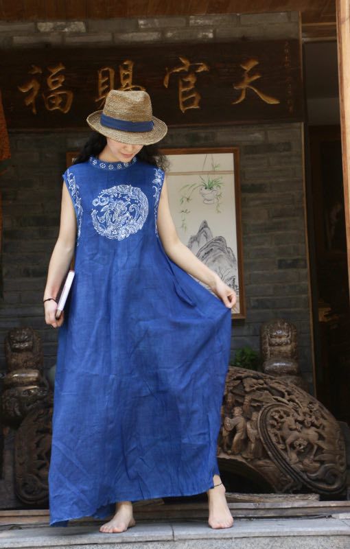 蜡染衣服 连衣裙 手工植物染色 扎染裙子 衣服 复古民族风 袍子