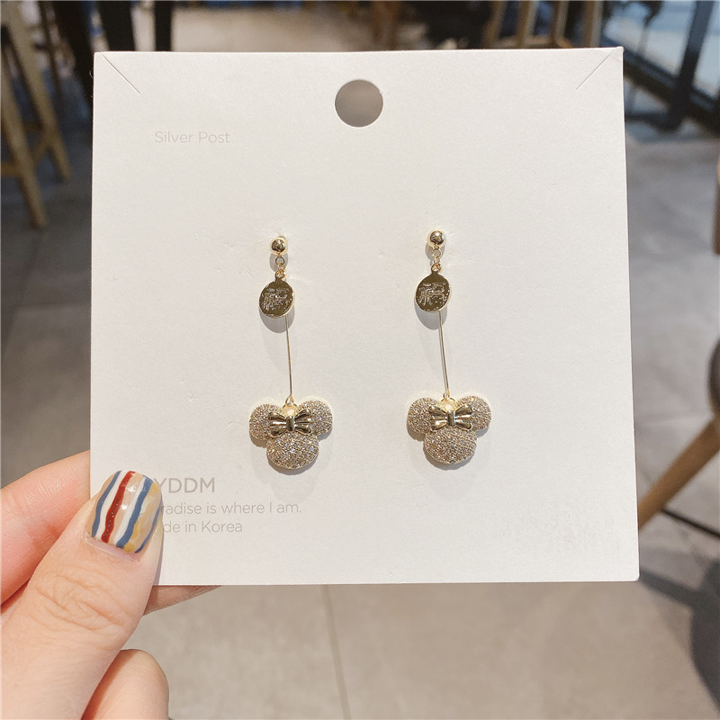 Korean Style Versatile Personality Bear Earrings Cartoon Bow Inlaid Zircon Earrings Fashion Dongdaemun Graceful Earrings