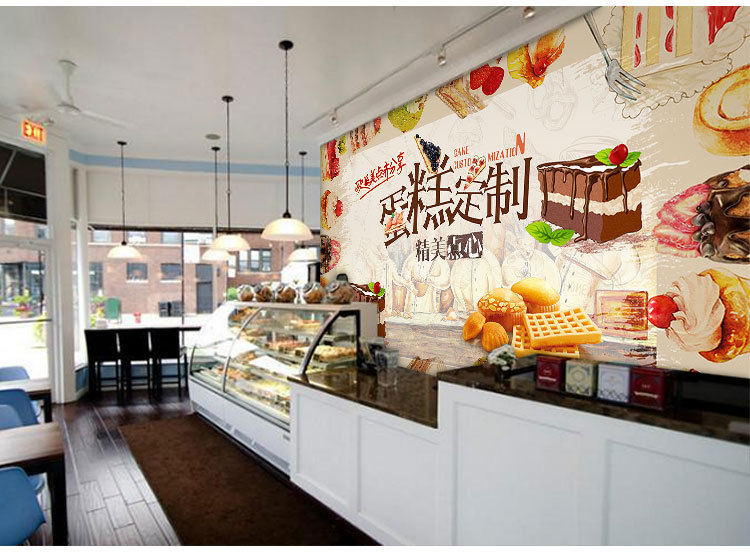 3d奶茶店披萨装修壁画手绘烘焙蛋糕店面包房背景墙壁纸甜品店墙纸