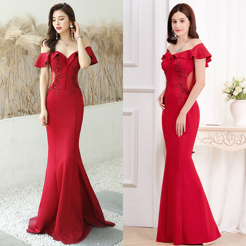 16268低胸网纱透视荷叶边一字肩抹胸水钻绣花2019年会敬酒服长裙