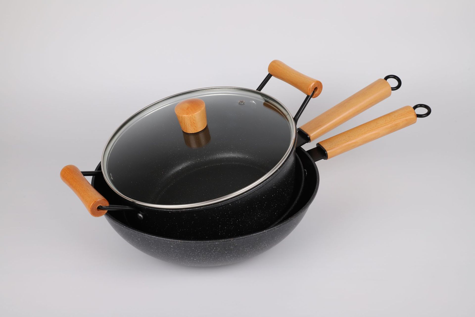 家用厨房少油烟锅具 炒锅 煎锅 汤锅套装 麦饭石不粘炒锅三件套