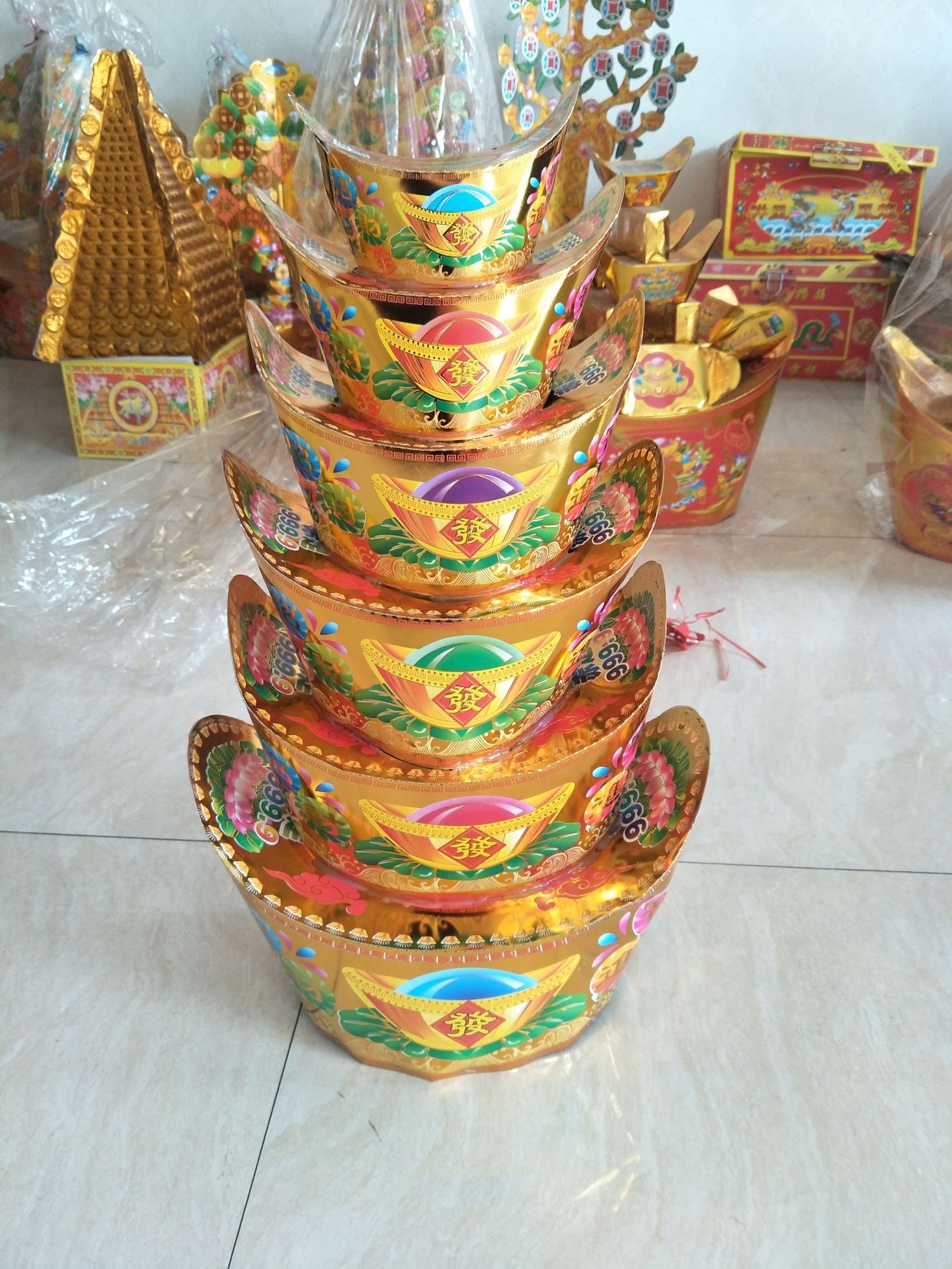 殡葬用品批发祭祀佛教银色串宝七层元宝山新款彩八层聚宝盆大元宝