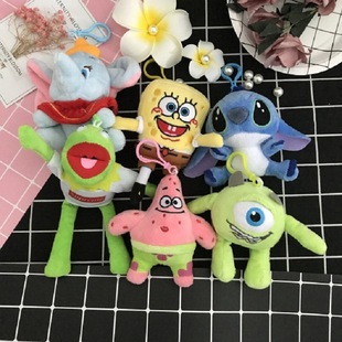 爆款网红海绵宝宝钥匙链 时尚创意毛绒背包挂件 个性动漫车载挂饰