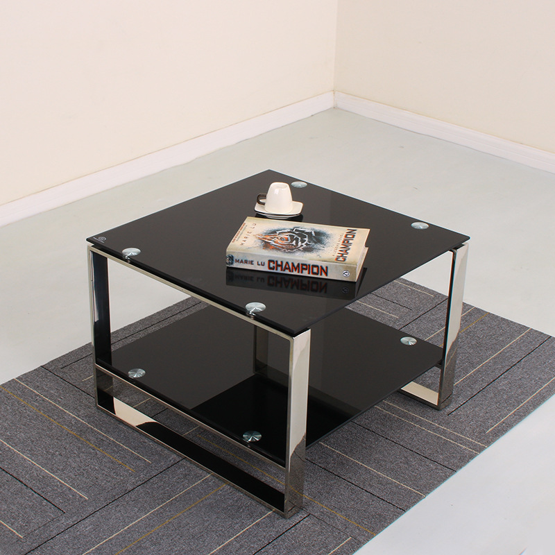 厂家直销黑色钢化玻璃长茶几 接待沙发短茶几 不锈钢办公室茶几