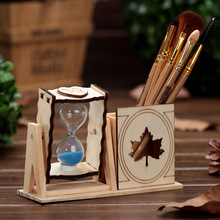 简约木质枫叶单沙漏笔筒 实用韩版文具实木桌面摆件