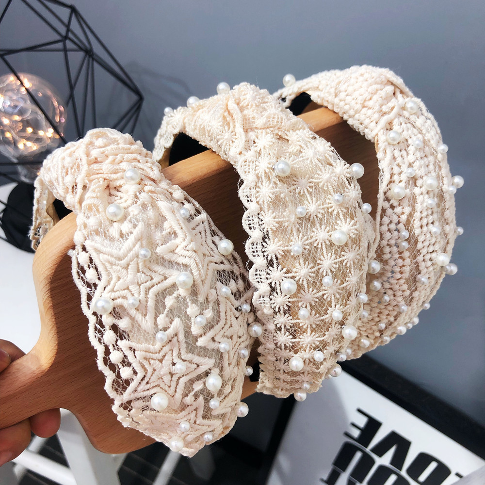 B267 Trendy Hair Accessories Wholesale Lace Lace Knotted Hair Hoop Wide Brim Korean Style Head Buckle Buckle Stud Pearl Korean Style Head Buckle Women