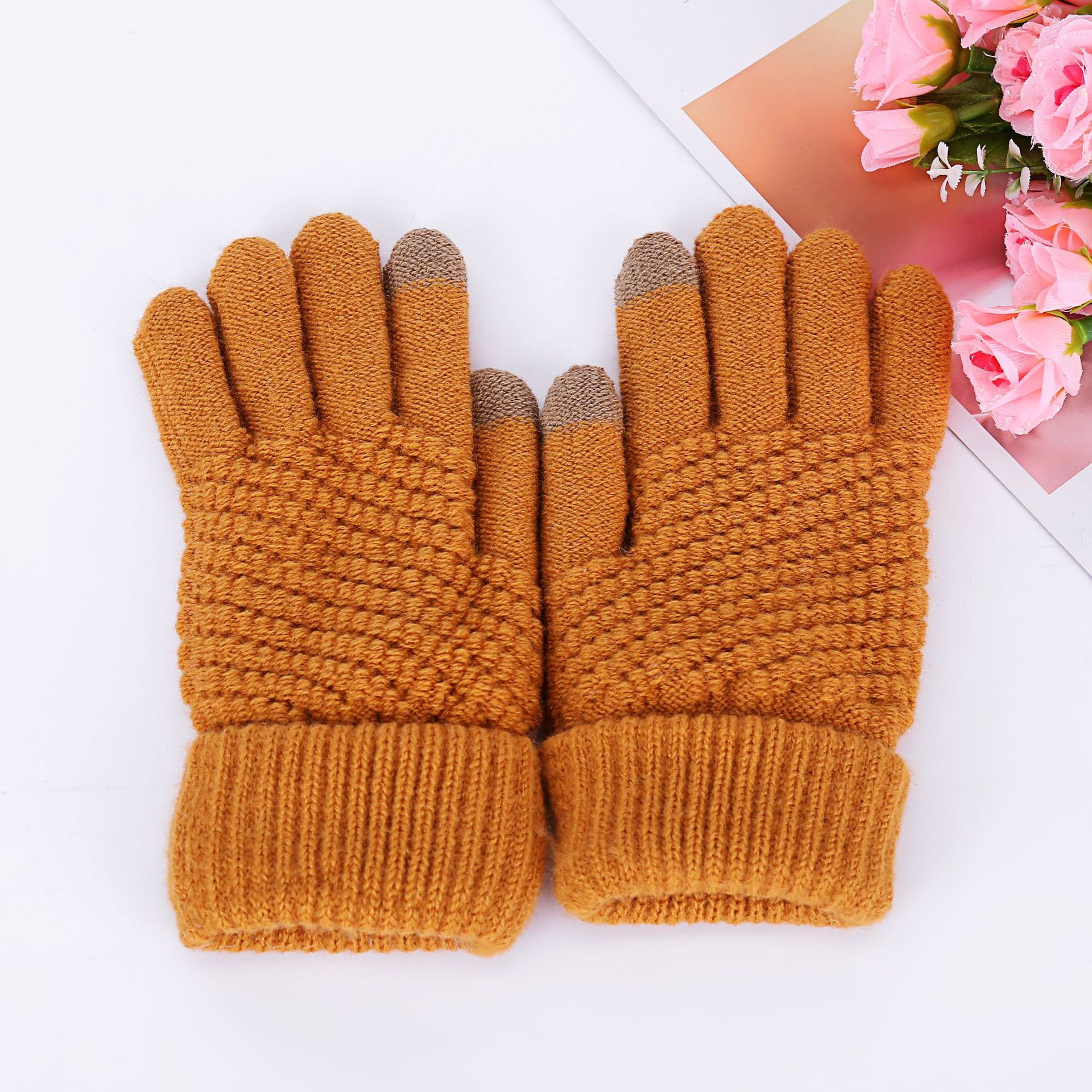 Factory Wholesale Men's Reverse Touch Screen Gloves Knitted Thickened Warm Pineapple Pattern Mobile Phone Gloves Fleece-Lined Fixed