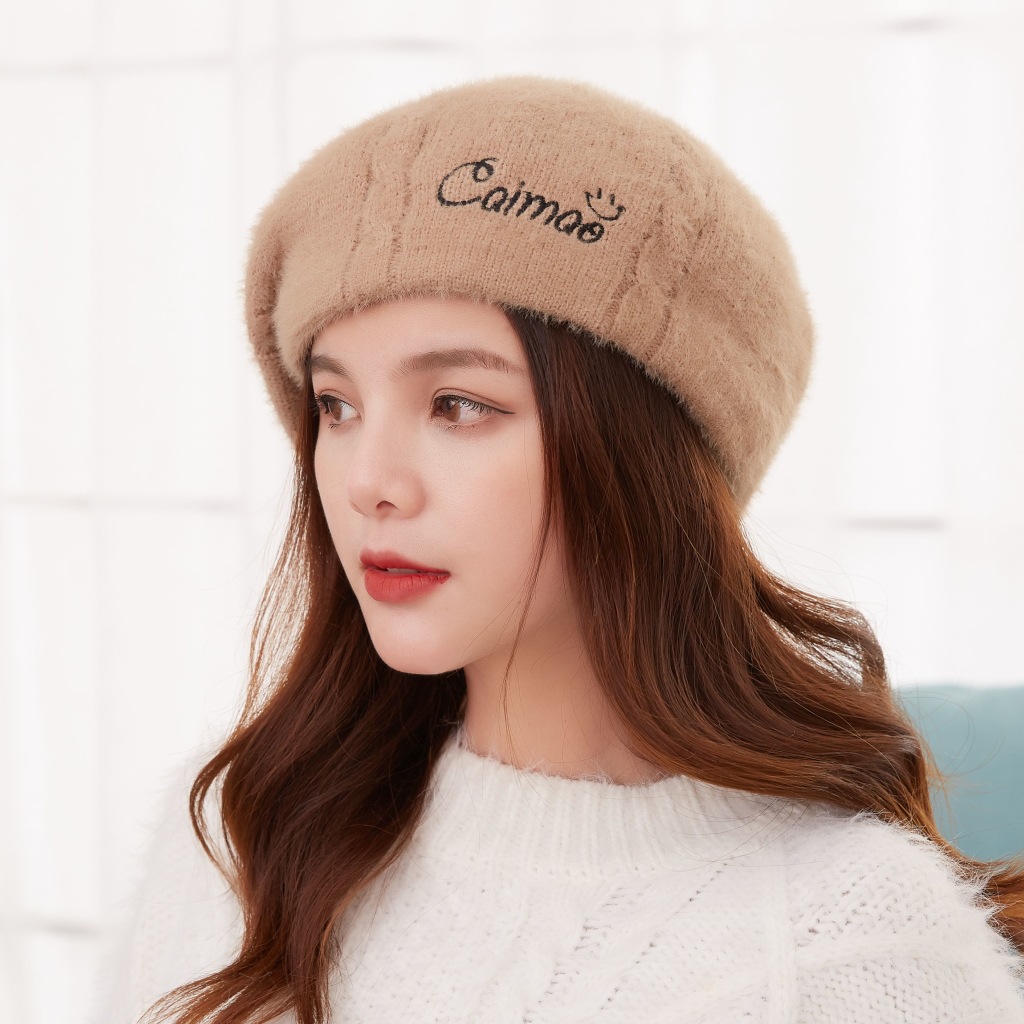 新款贝雷帽秋冬女帽加绒保暖帽韩版时尚字母兔毛帽子女士针织帽子
