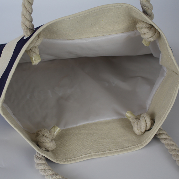 时尚粗棉绳帆布袋 棉绳条纹手提袋可加印logo 棉质拉链沙滩帆布袋