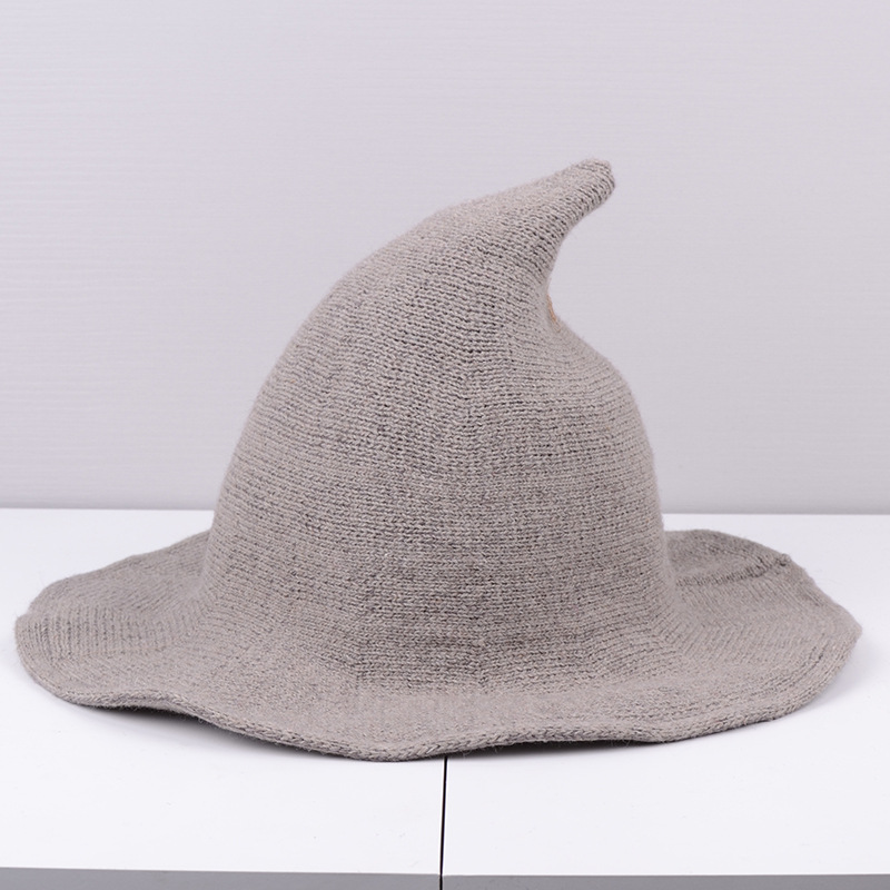 万圣节新款女巫尖尖帽秋冬羊毛可折叠帽子女潮针织尖顶魔法帽子