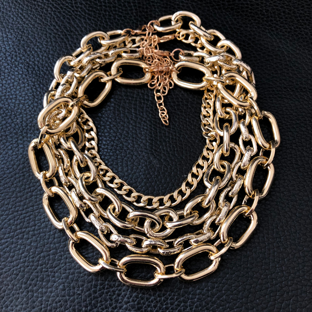 欧美跨境饰品简约朋克短款脖颈女夸张金色粗链条项链手链组合套装