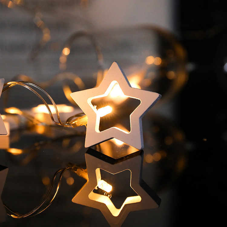 1.5米10头木质星星造型灯串 节日室内装扮电池盒小彩灯串常亮闪烁