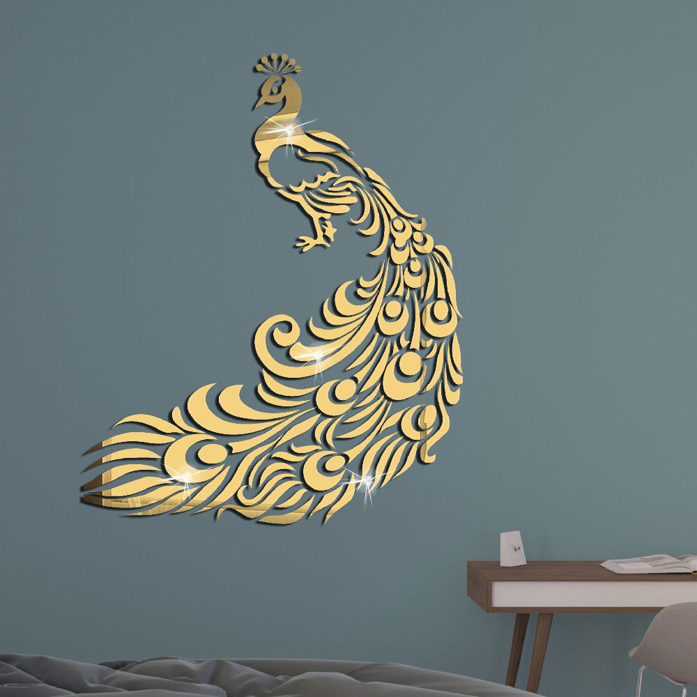 jm394几何孔雀亚克力水晶镜面贴立体 墙贴卧室客厅装饰贴