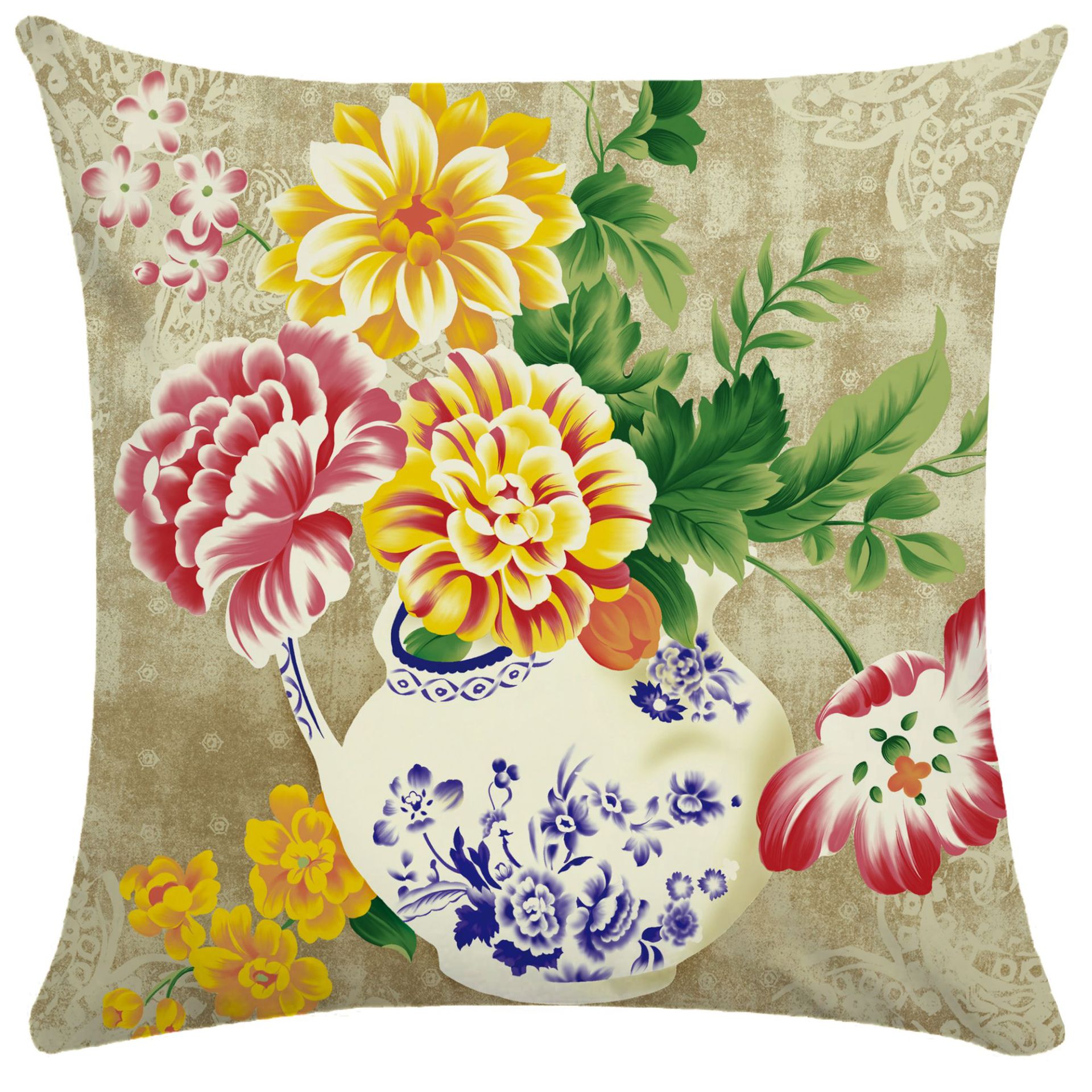 抱枕复古花瓶花卉植物超柔抱枕短毛绒单面双面靠枕腰枕套50x50cm