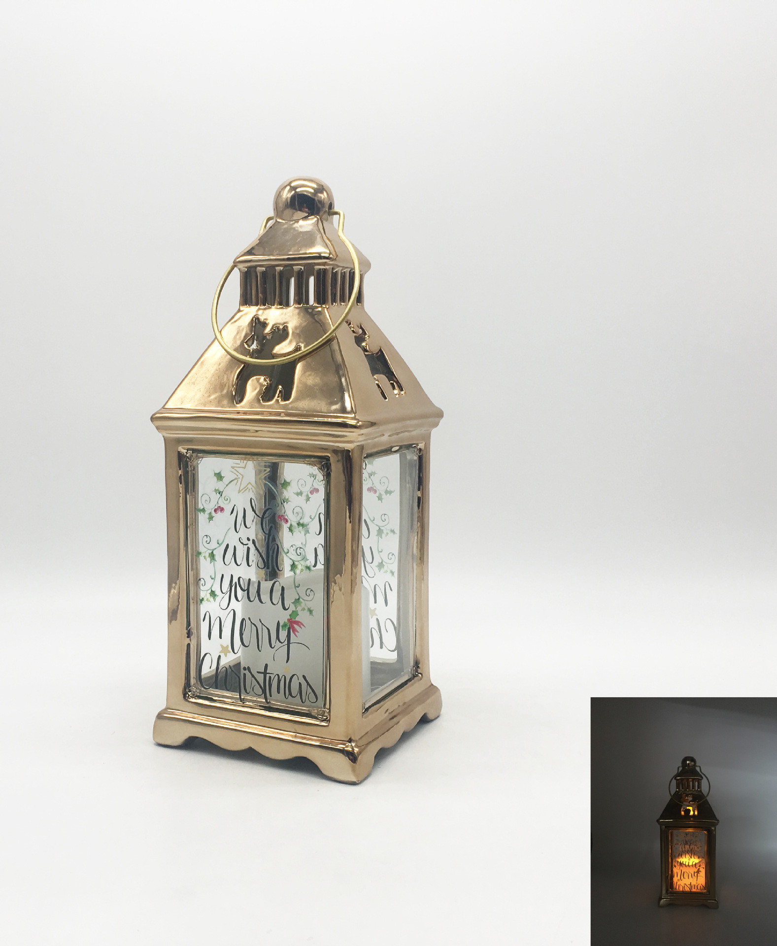 圣诞主题电镀金色陶瓷风灯多款美式圣诞节日led马灯金色圣诞提灯