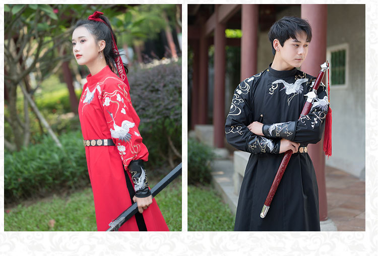 唐制圆领袍锦衣卫刺绣花汉服男装情侣装红黑配女装古装影视演出服