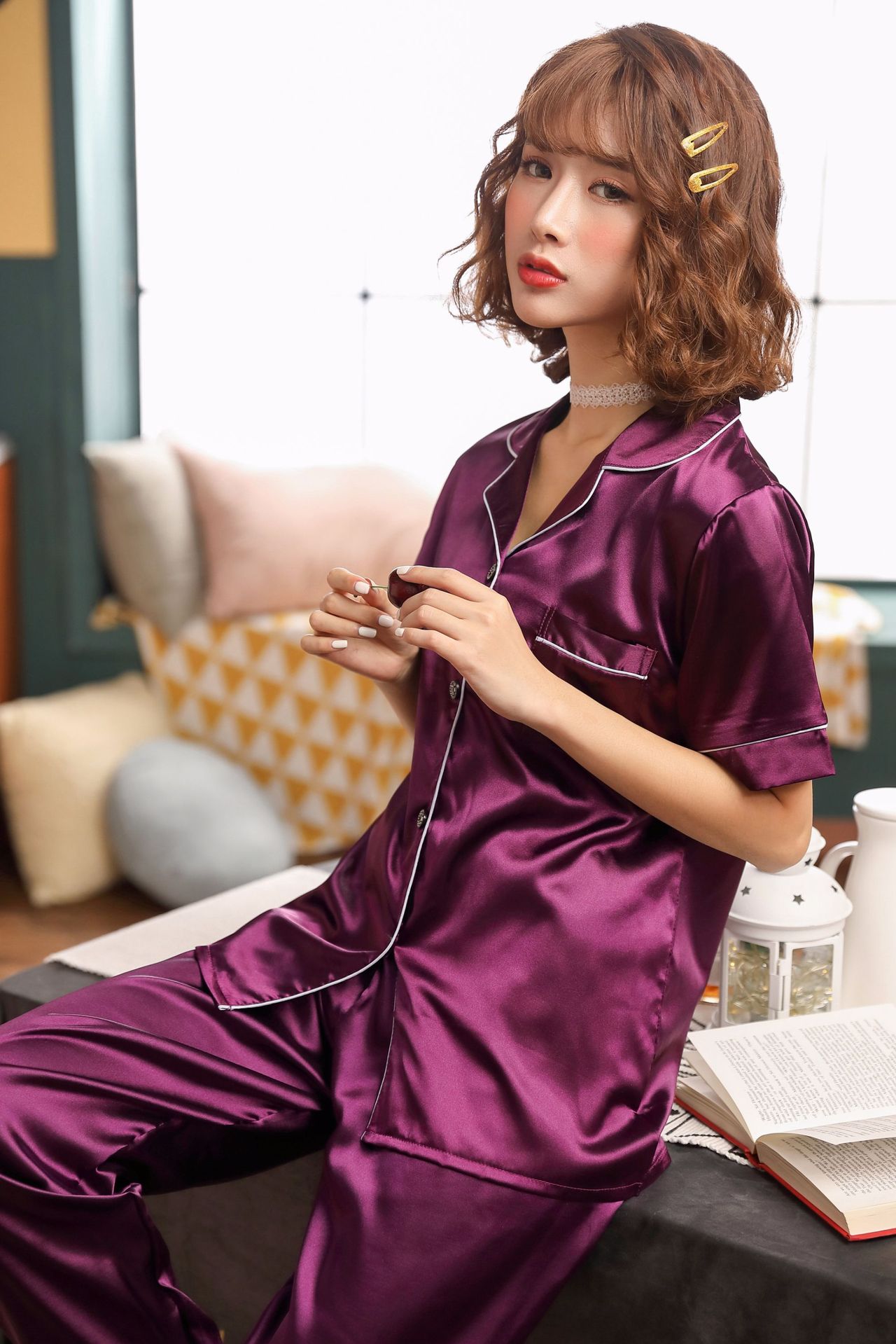 仿真丝睡衣套装短袖少女丝绸春夏长裤翻领家居服跨境wish厂家直供