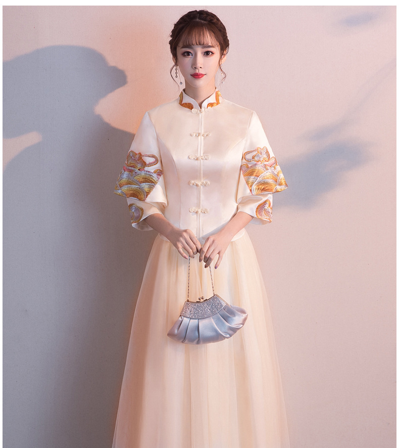 中式伴娘服2019秋冬季新款复古立领粉色结婚伴娘团礼服姐妹裙长款