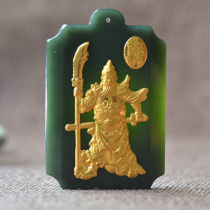 批发金镶玉吊坠女武财神项链和田玉关公吊坠男款霸气招财辟邪玉佩