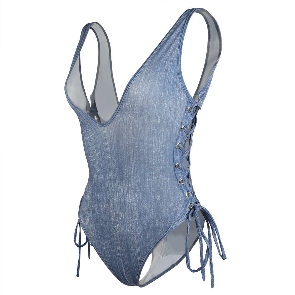 情趣连体衣背心鸡眼牛仔蓝绑带连体泳衣性感v领露背泳装bikini