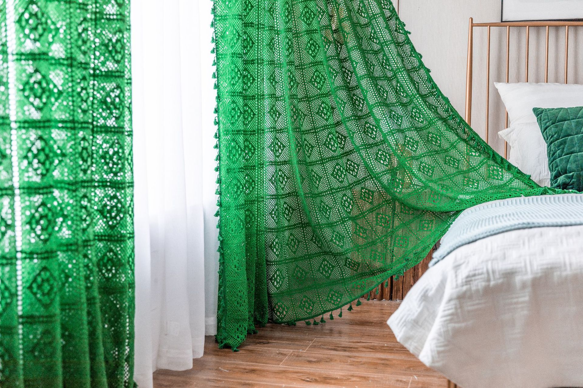 手工棉线透光复古镂空窗帘成品北美乡村布艺落地窗纱定制飘窗