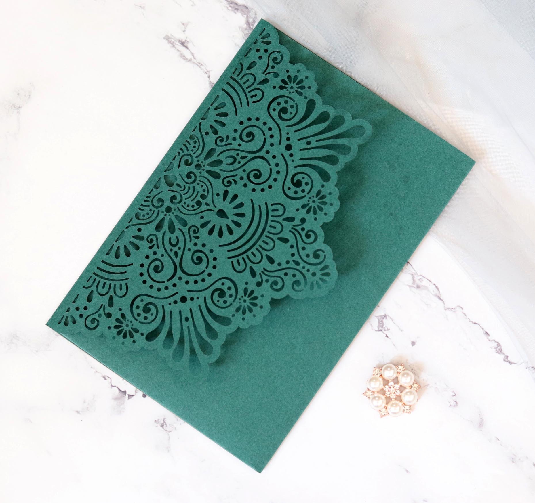 墨绿请柬贺卡激光镂空工艺婚礼请柬邀请函封套 结婚镂空喜帖 批发