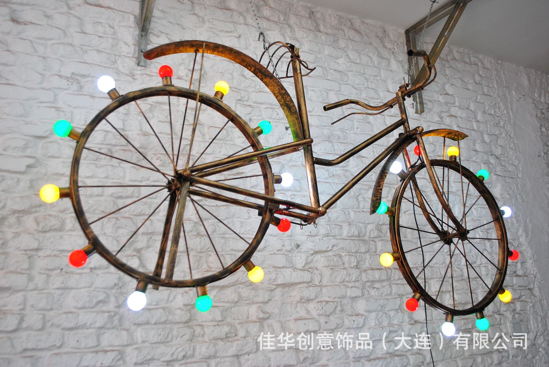 铁艺复古自行车带灯挂件 创意自行车铁艺工艺品墙壁装饰挂件定制