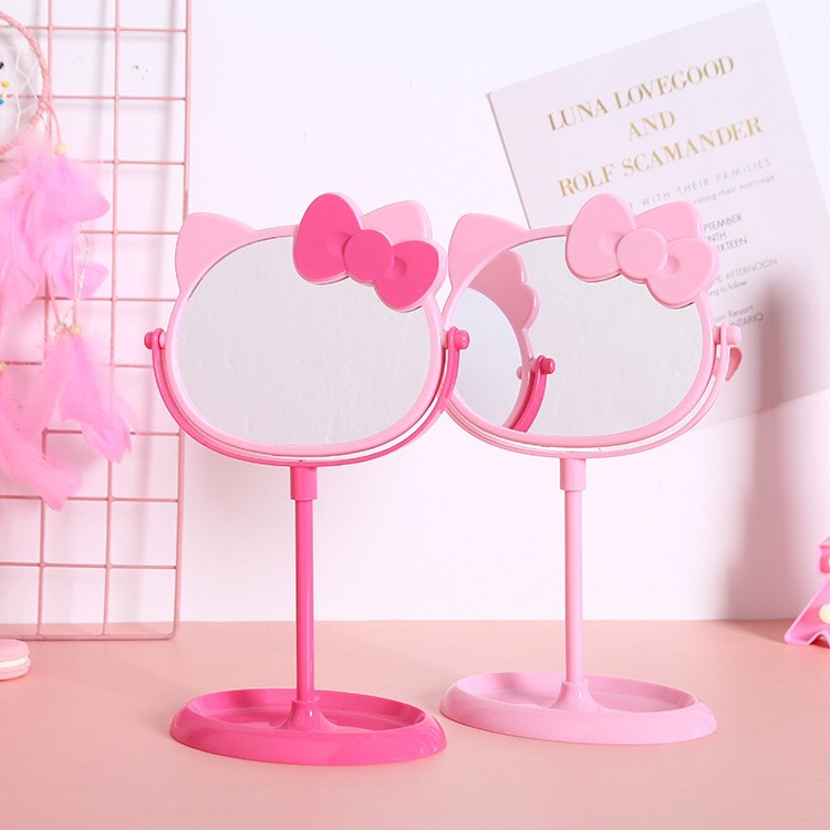 cute cartoon hello kitty desktop plastic makeup mirror student double-sided rotatable high foot beauty makeup table mirror can be customized