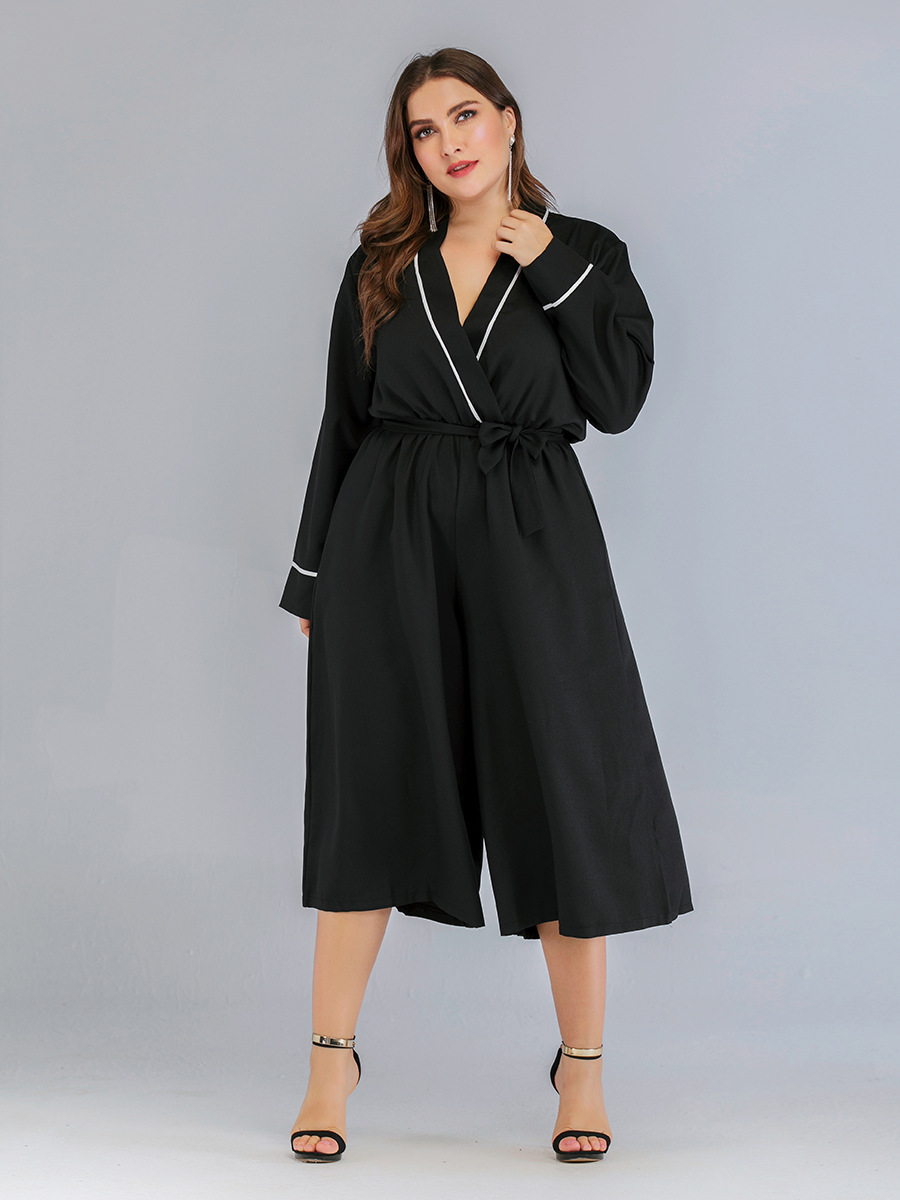 跨境专供 热卖2019新款v领黑色连体裤裙裤白条拼接