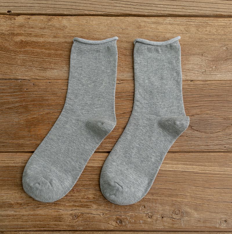 秋冬新品日系精梳棉纯色卷边松口袜子 手工缝头无骨堆堆袜 女袜