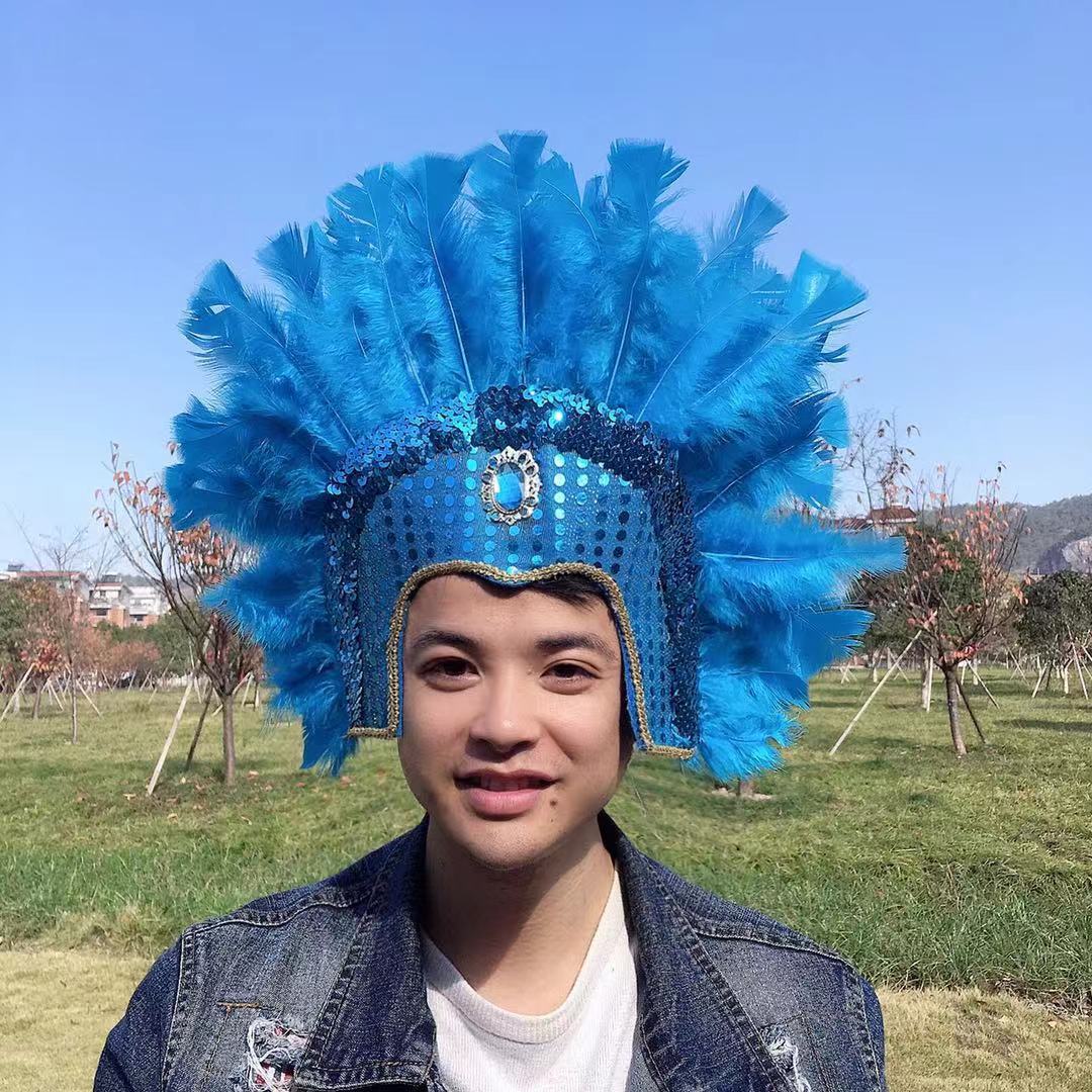 印第安土著酋长帽儿童羽毛头饰原始非洲鼓野人表演出道具羽毛头戴