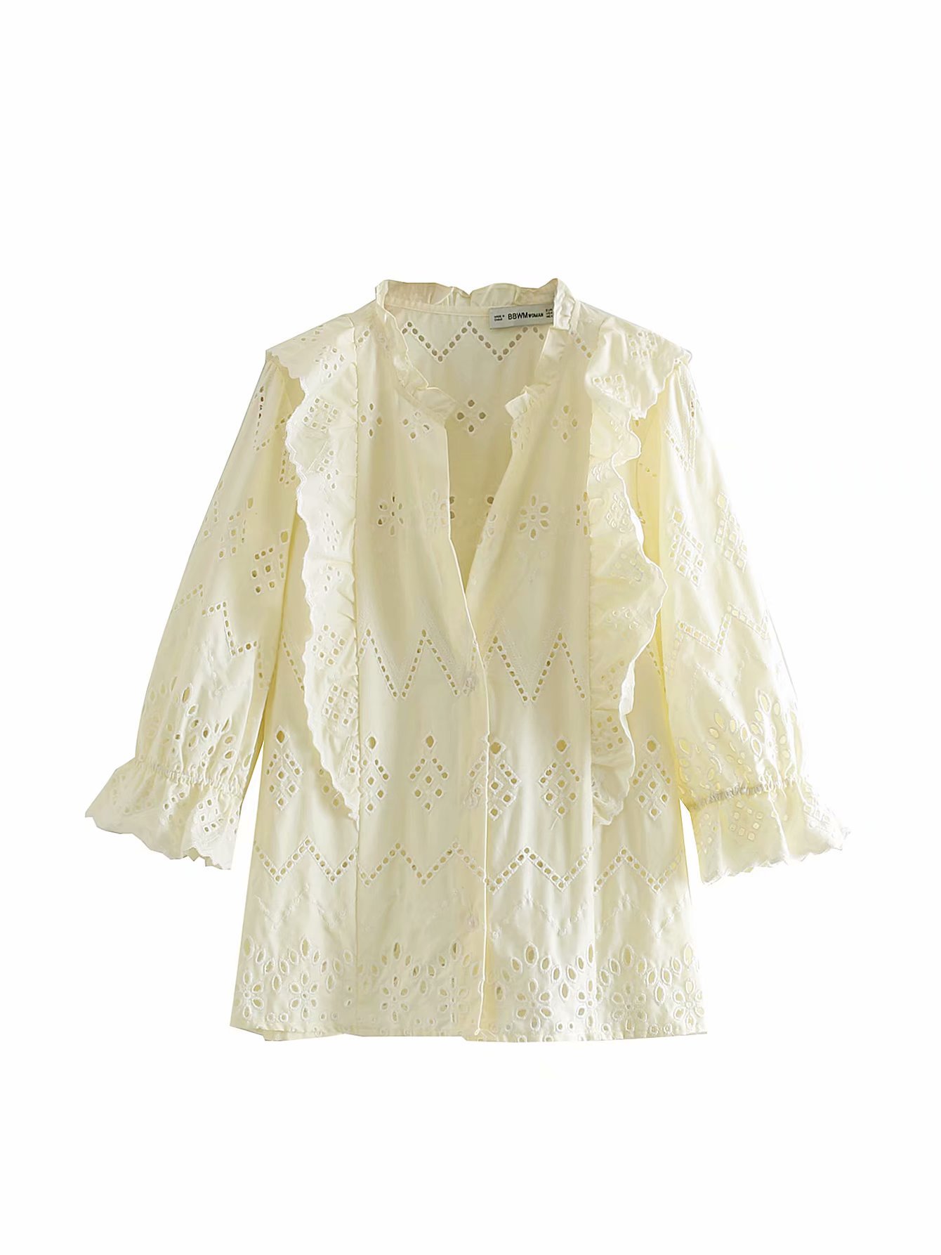 2019夏季新款女装欧美时尚风纯色甜美镂空刺绣罩衫上衣 015736